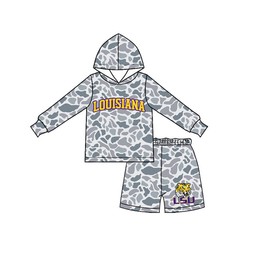 Long sleeves grey camo hoodie tiger shorts boys team outfits