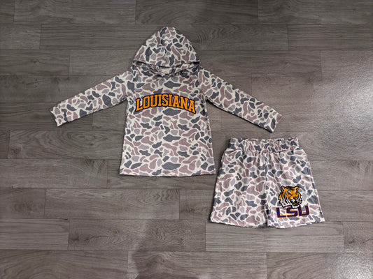 Long sleeves grey camo hoodie tiger shorts boys team outfits