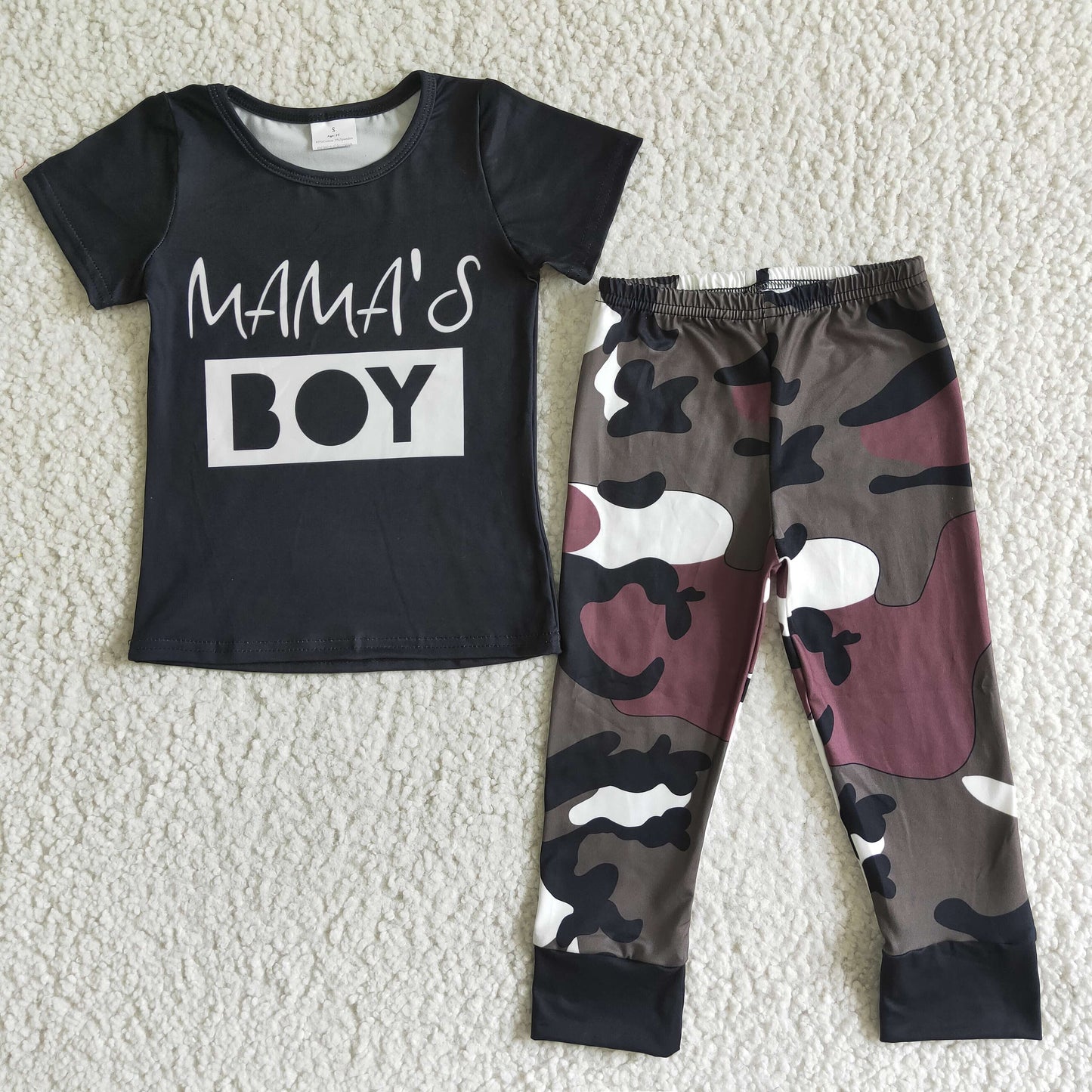 Mama's boy black shirt camo pants baby kids clothing set