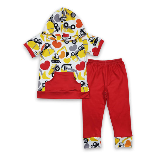 Excavator heart short sleeves hoodie red kids boy valentine's set