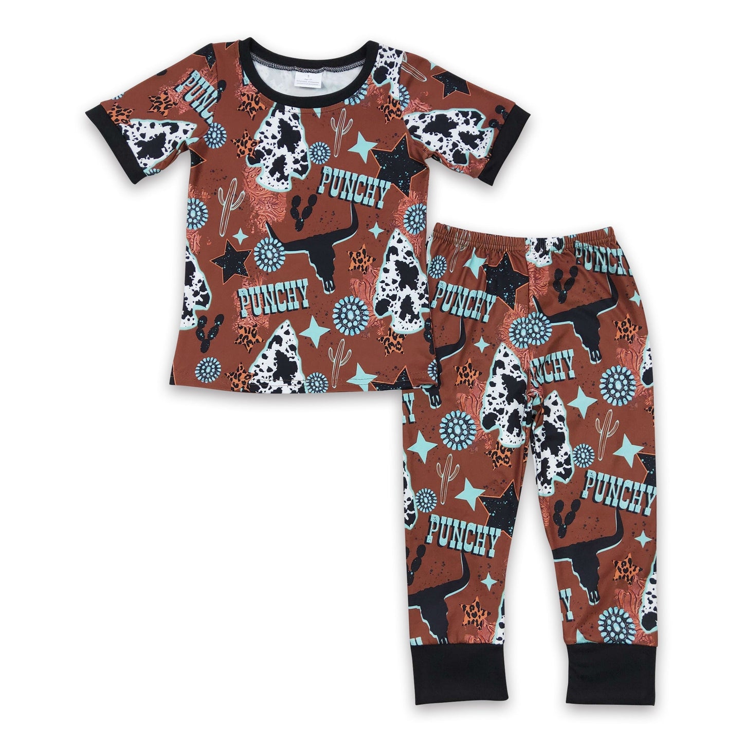 Short sleeves turqioise bull skull cow boy western pajamas