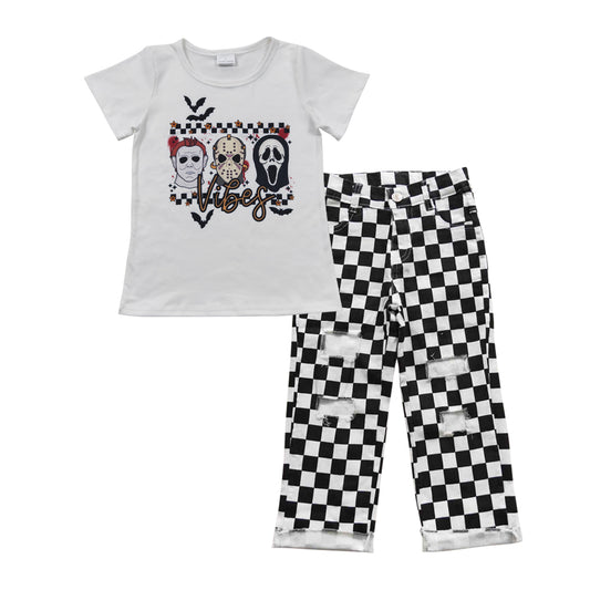 Scream bat vibes checked jeans kids Halloween clothing