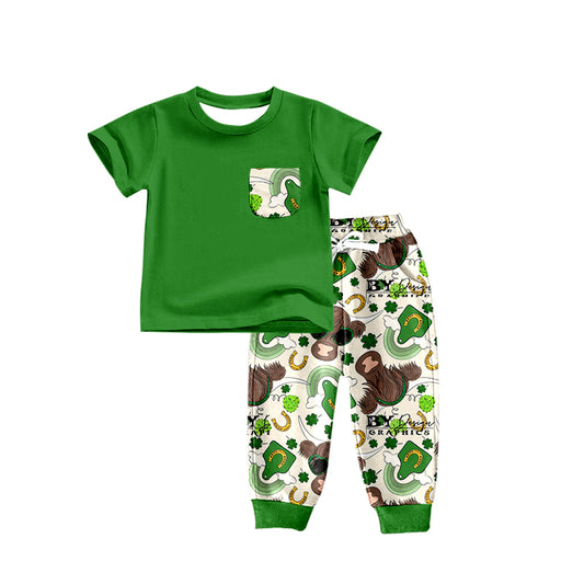 Green pocket highland cow clover boy st patrick's day outfits