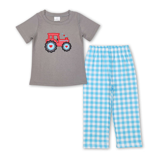 Short sleeves truck heart top plaid pants boy clothes