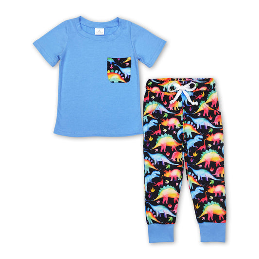 Short sleeves blue pocket dinosaur kids boy clothing