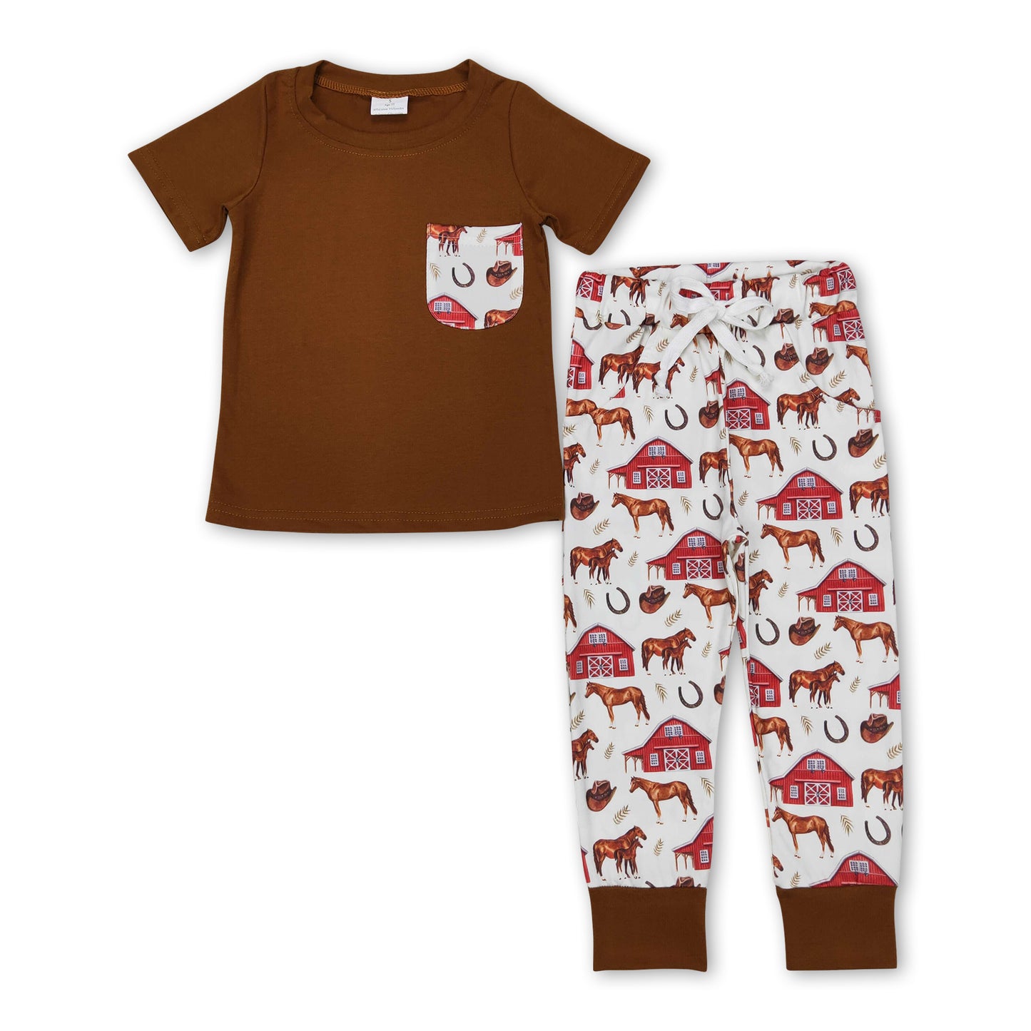 Brown pocket horse farm top pants boy clothing set