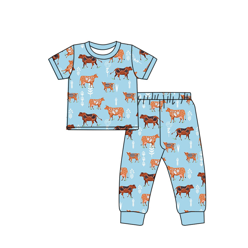 Light blue short sleeves cow kids boy pajamas