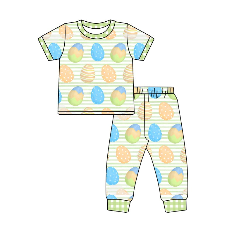 Green stripe eggs short sleeves kids boy easter pajamas