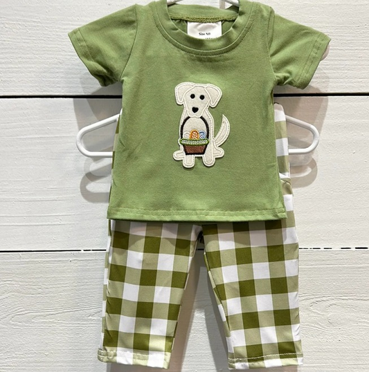 Green dog eggs basket top plaid pants boys easter clothes