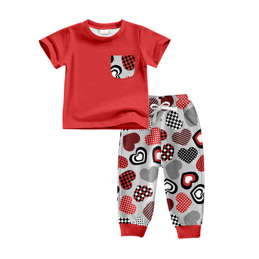 Red heart pocket top pants kids boys valentine's outfits