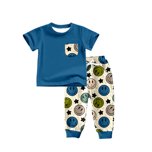 Blue pocket top smile pants boys clothing set