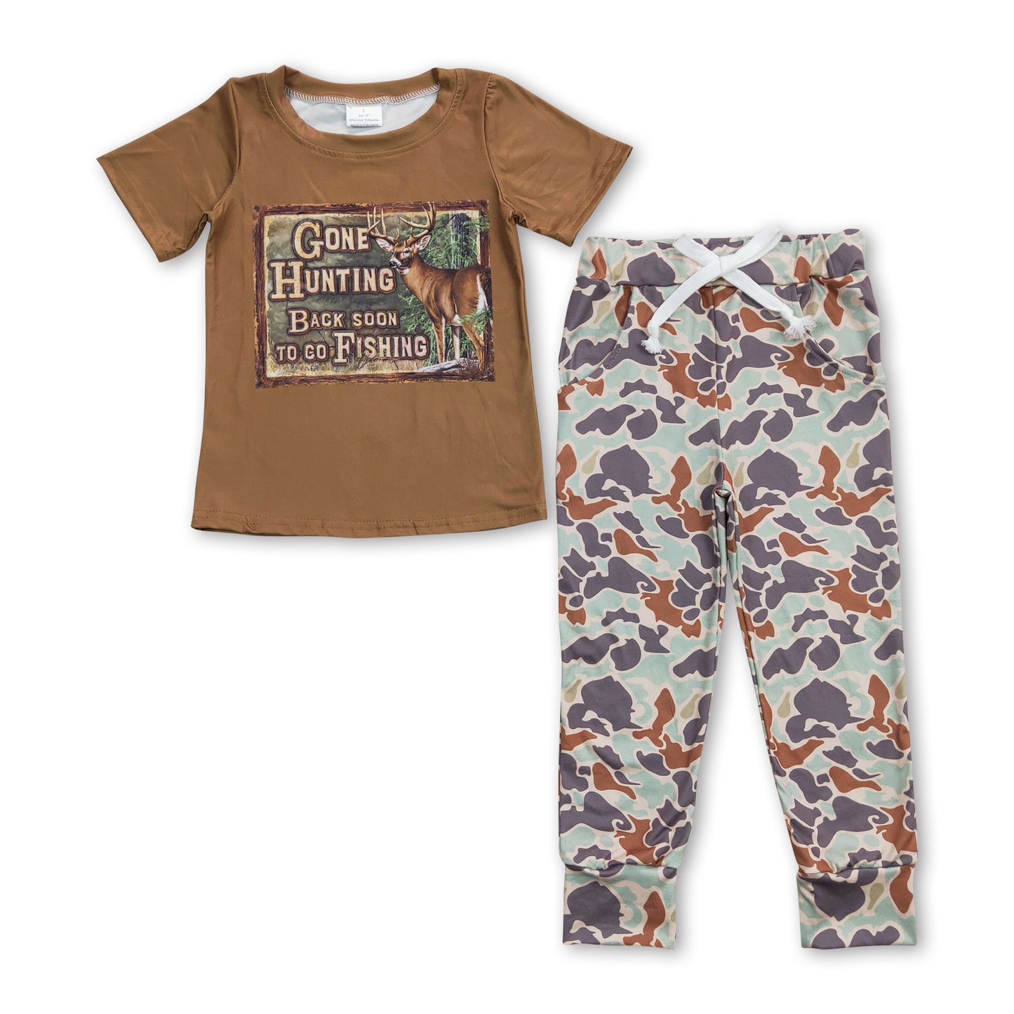 Gone hunting fishing deer top camo pants boys set