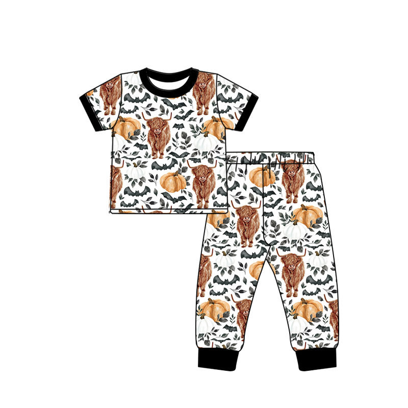 Highland cow bat pumpkin kids boys Halloween pajamas