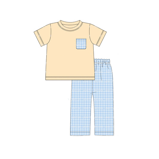 Short sleeves top blue plaid pants kids boys clothes