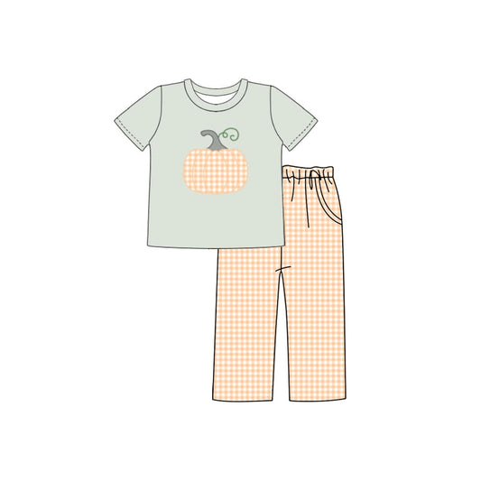 Short sleeves pumpkin top plaid pants boys fall clothes