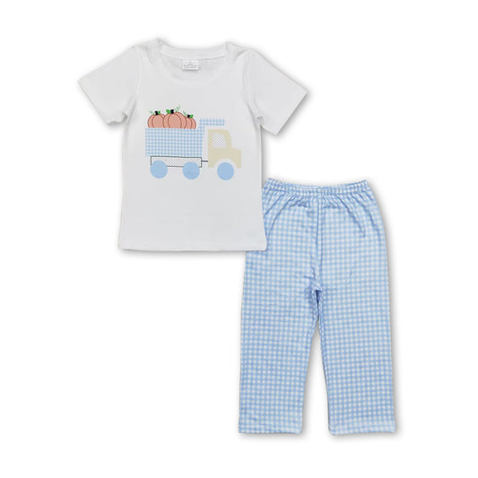 Pumpkin truck top plaid pants boy fall clothes