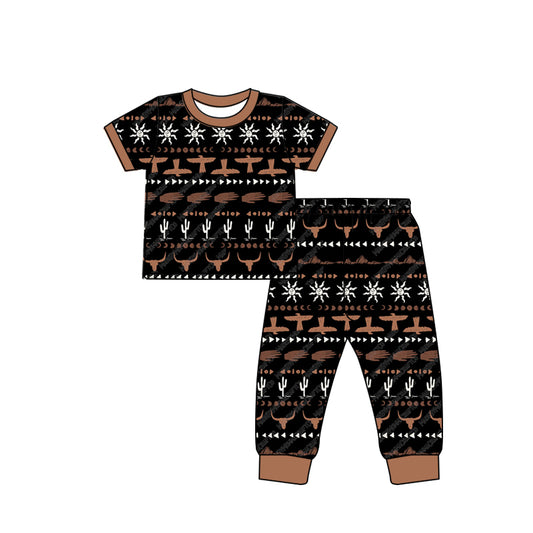 Bull skull cactus top pants kids boys western pajamas