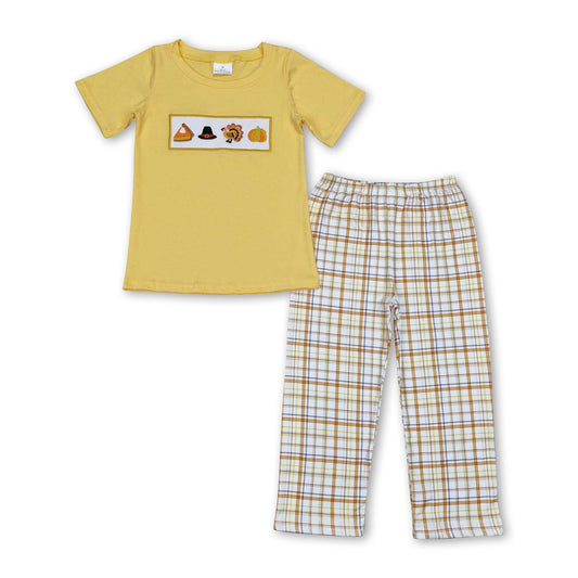 Pumpkin pie turkey top plaid pants boys Thanksgiving clothes