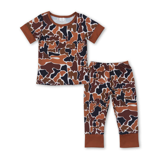 Brown short sleeves camo kids boys pajamas