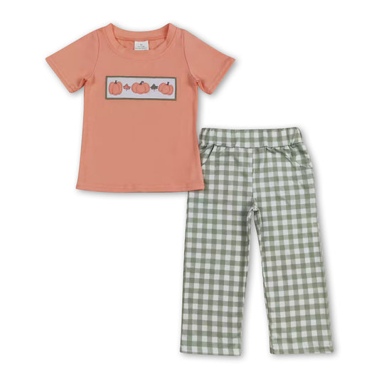 Pumpkin short sleeves top plaid pants boys fall clothes