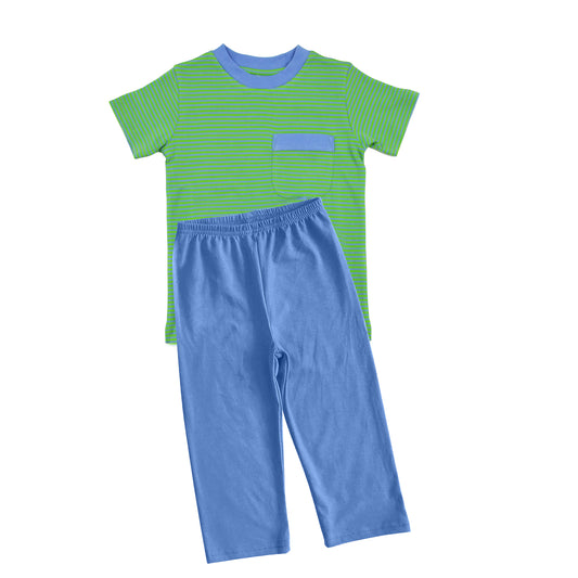 Green stripe pocket top pants boys clothing set