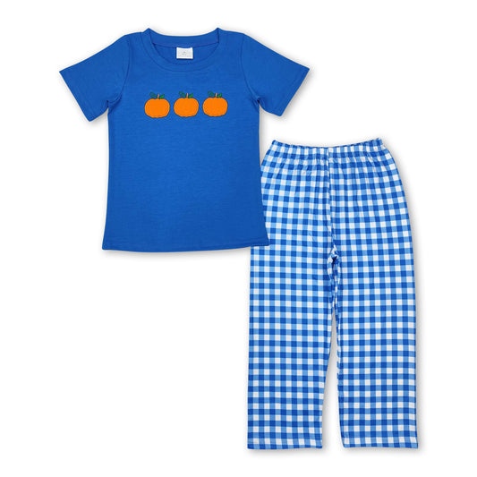 Blue pocket top plaid pants boys fall clothing set