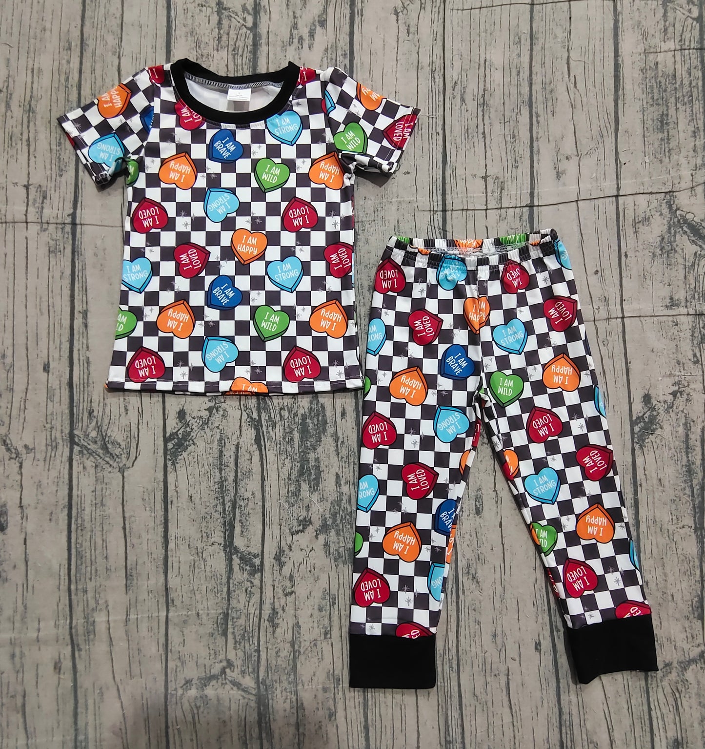 Short sleeves plaid heart kids boys valentine's day pajamas