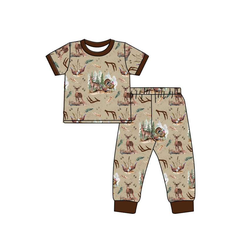 Brown short sleeves deer turkey kids boys pajamas