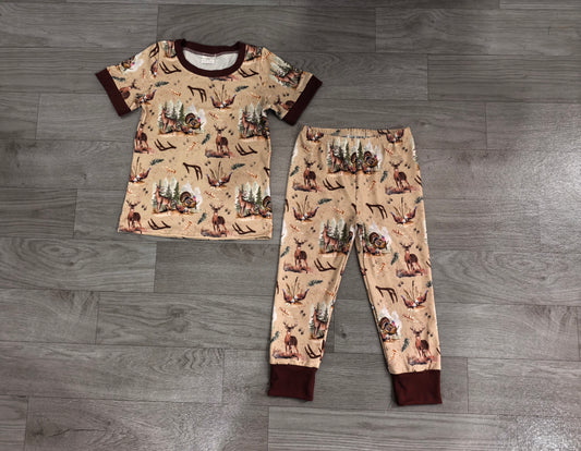 Brown short sleeves deer turkey kids boys pajamas