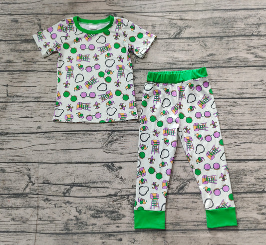 Green short sleeves glasses kids boys mardi gras pajamas