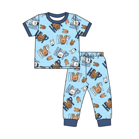 Blue short sleeves hip hop bunny kids boys easter pajamas