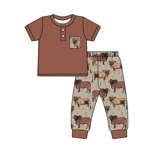 Brown short sleeves cows pants boys clothing set