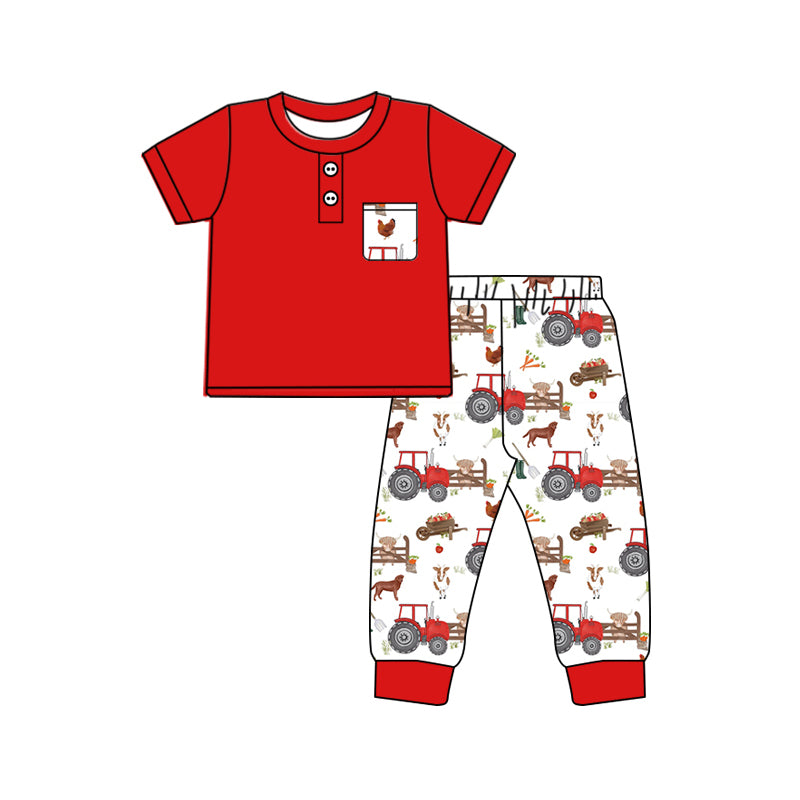 Red pocket top tractor chicken pant farm boys outfits