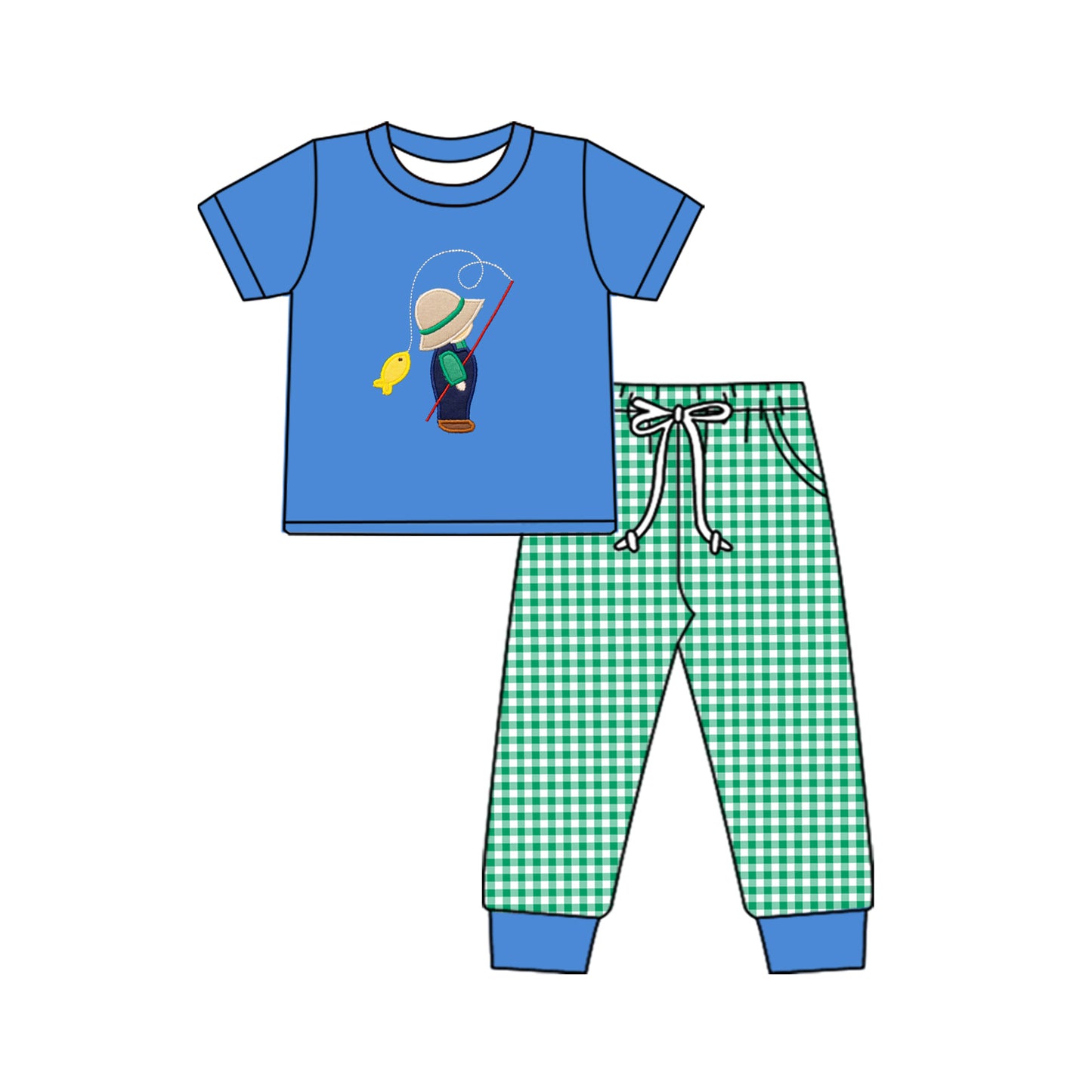 Short sleeves blue fishing top plaid pants boys clothing set