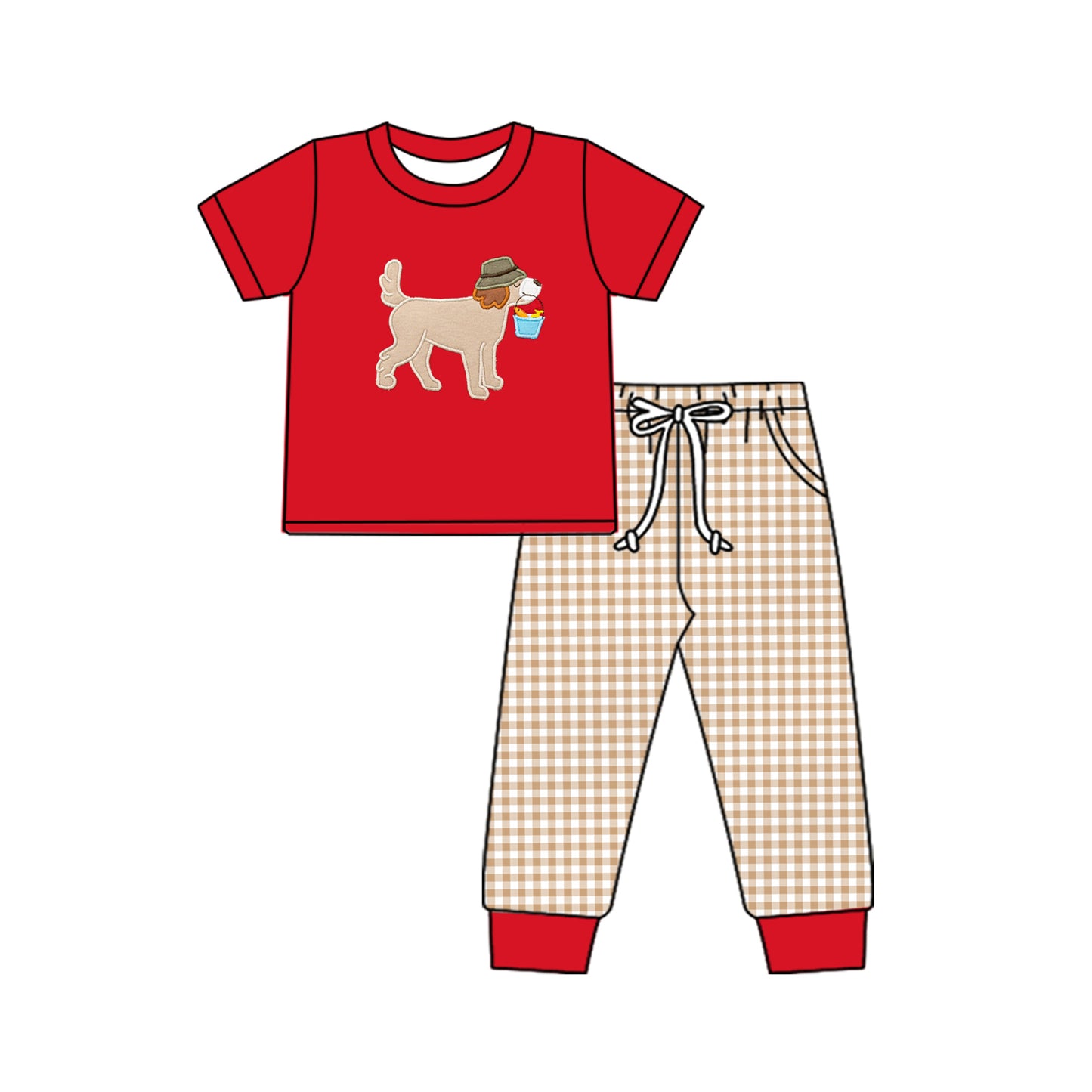 Short sleeves red dog fishing top plaid pants boys clothing