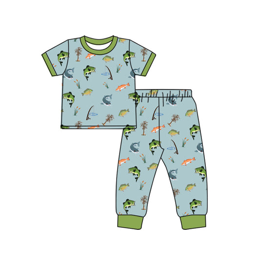 Short sleeves green fishing kids boys pajamas