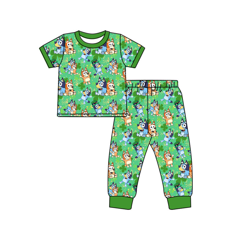 Green short sleeves clover dog kids St Patrick's pajamas