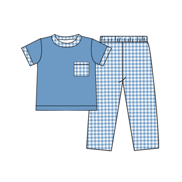 Blue short sleeves pocket top plaid pants boys clothes