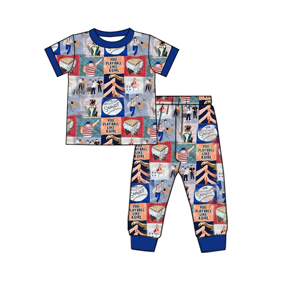 Blue short sleeves baseball baby kids pajamas