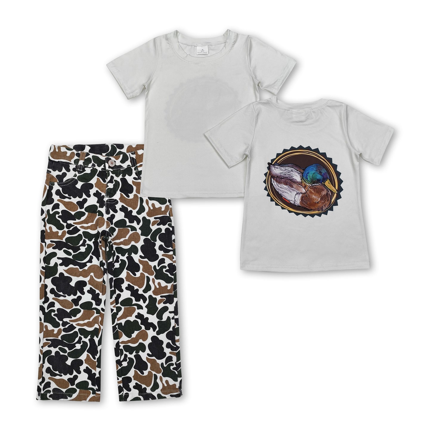 Short sleeves duck top camo denim pants boys clothing set