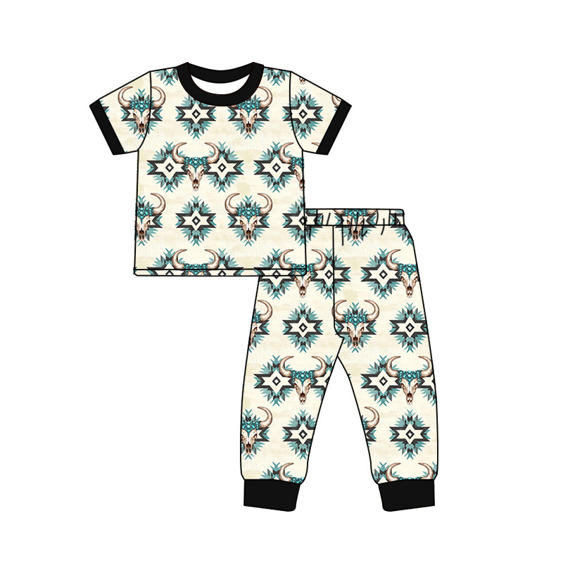 Short sleeves aztec bull skull western boys pajamas