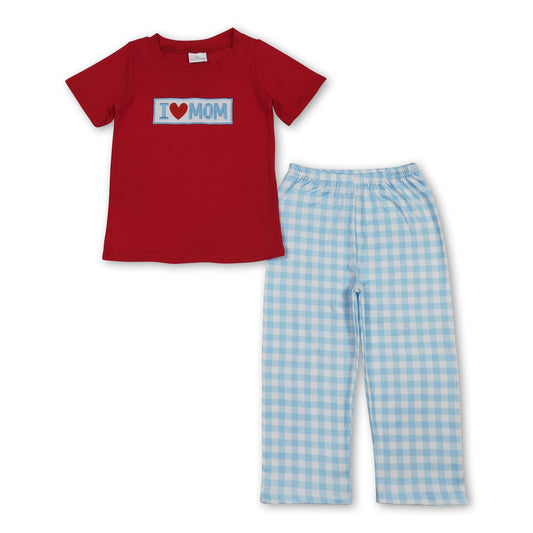 Red cotton I love mom top plaid pants boys outfits