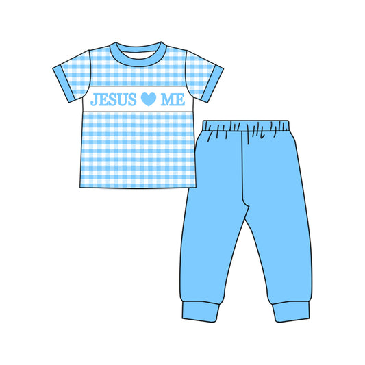 blue plaid jesus love me kids boys set