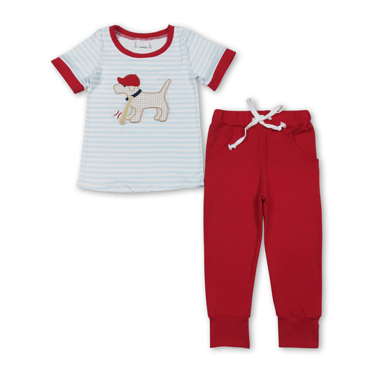 Stripe plaid dog baseball embroidery top pants boys outfits