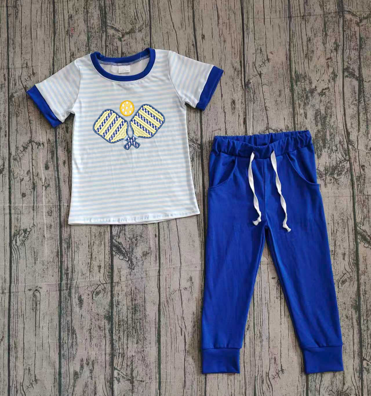 Stripe pickleball embroidery top pants boys clothing set
