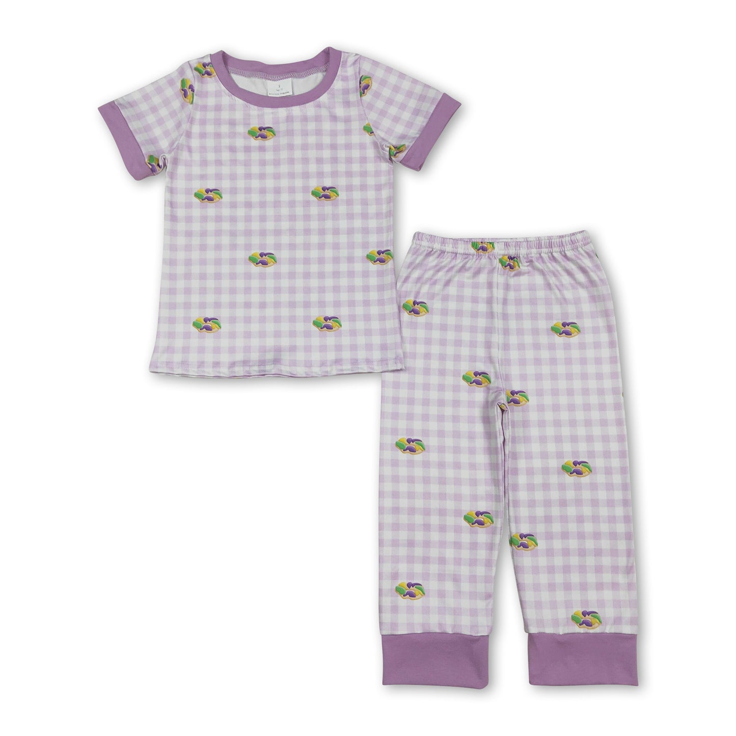 Lavender plaid donut baby kids Mardi Gras pajamas