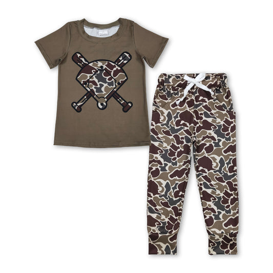 Short sleeves dark brown camo golf top pants kids outfits