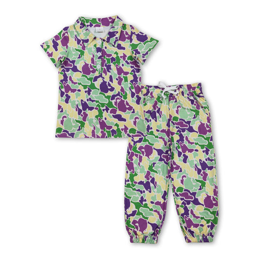 Purple yellow green camo top pants kids Mardi Gras outfits