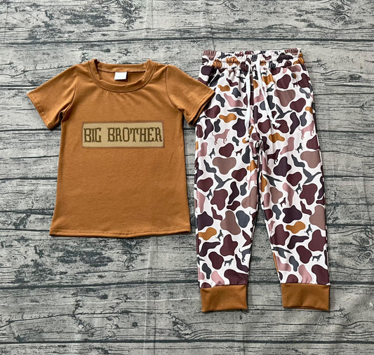 Brown big brother embroidery top camo pants boys set