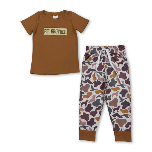 Brown big brother embroidery top camo pants boys set